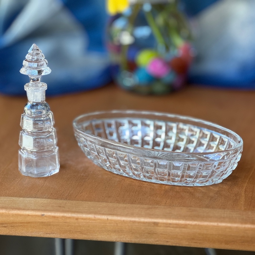 Vintage Dish and Perfume Bottle, Glass
